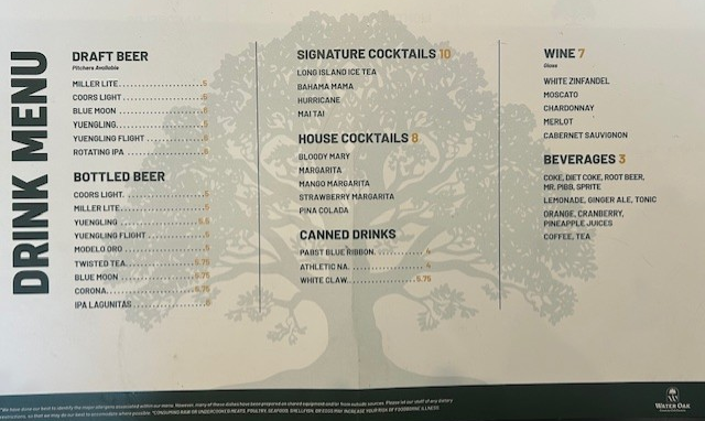 The Oak House Drink Menu
