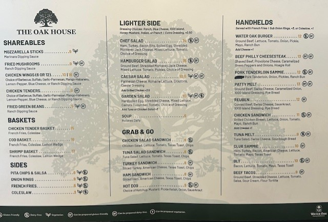 The Oak House Menu